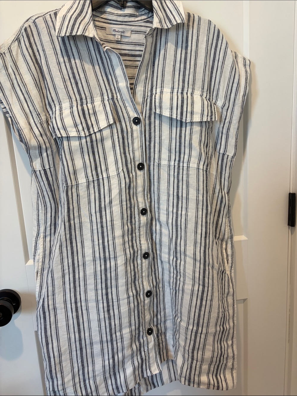 Madewell White and Navy Striped Button-Front Midi Dress